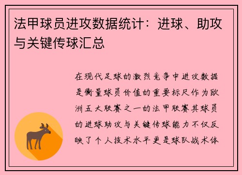 法甲球员进攻数据统计：进球、助攻与关键传球汇总